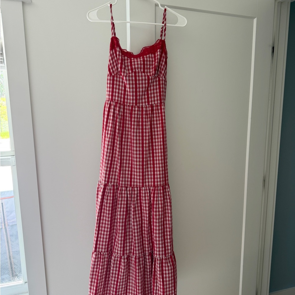 Red and White Gingham Tiered Maxi Dress - Picture 1 of 7